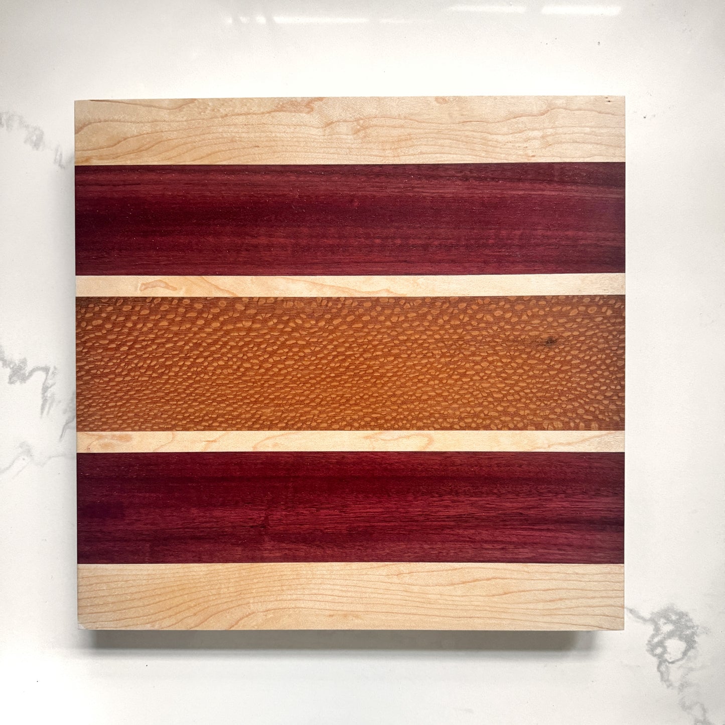 Charcuterie Board - Square Triple Linear Strip, 12" x 12" - Leopardwood, Maple, Purpleheart
