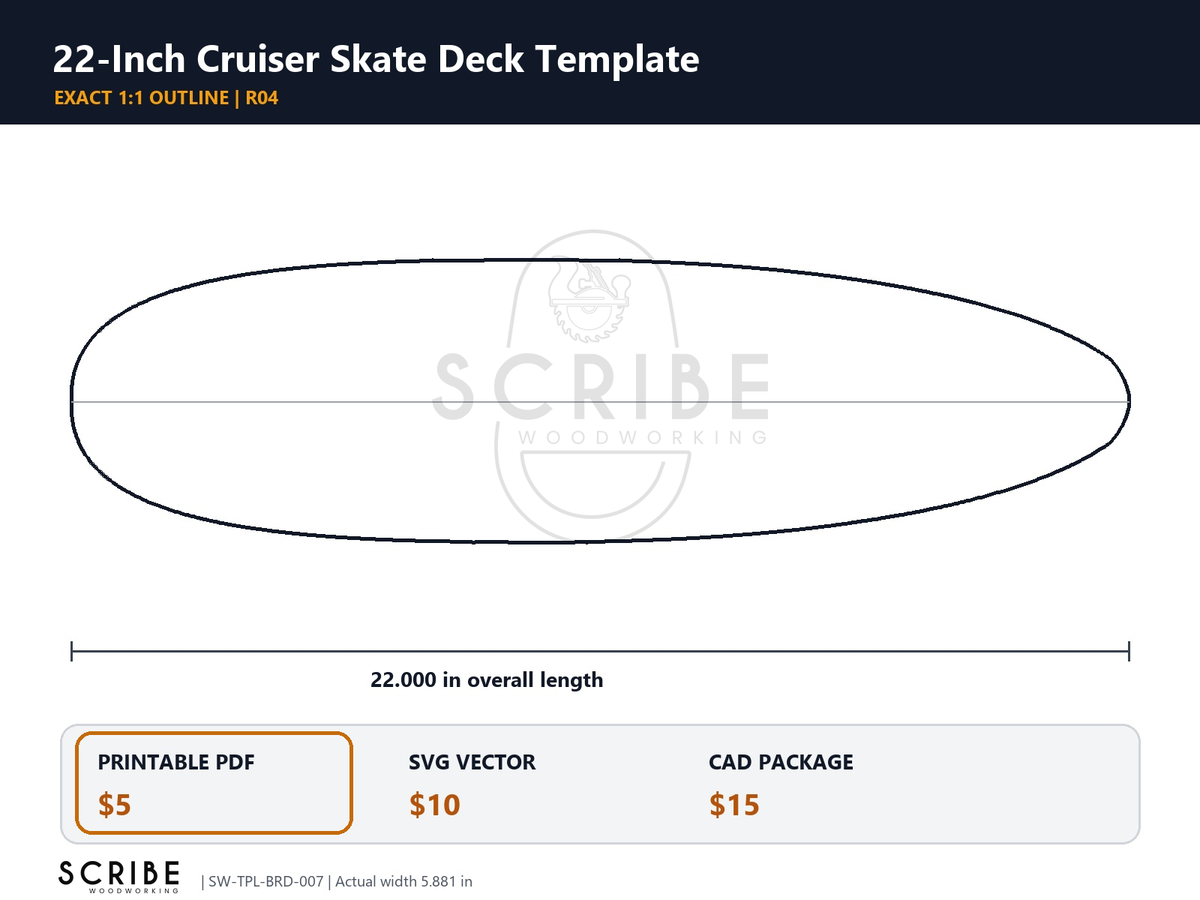 22-inch Cruiser skateboard deck template outline for printable PDF download