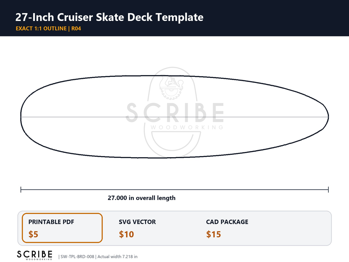 27-inch Cruiser skateboard deck template outline for printable PDF download