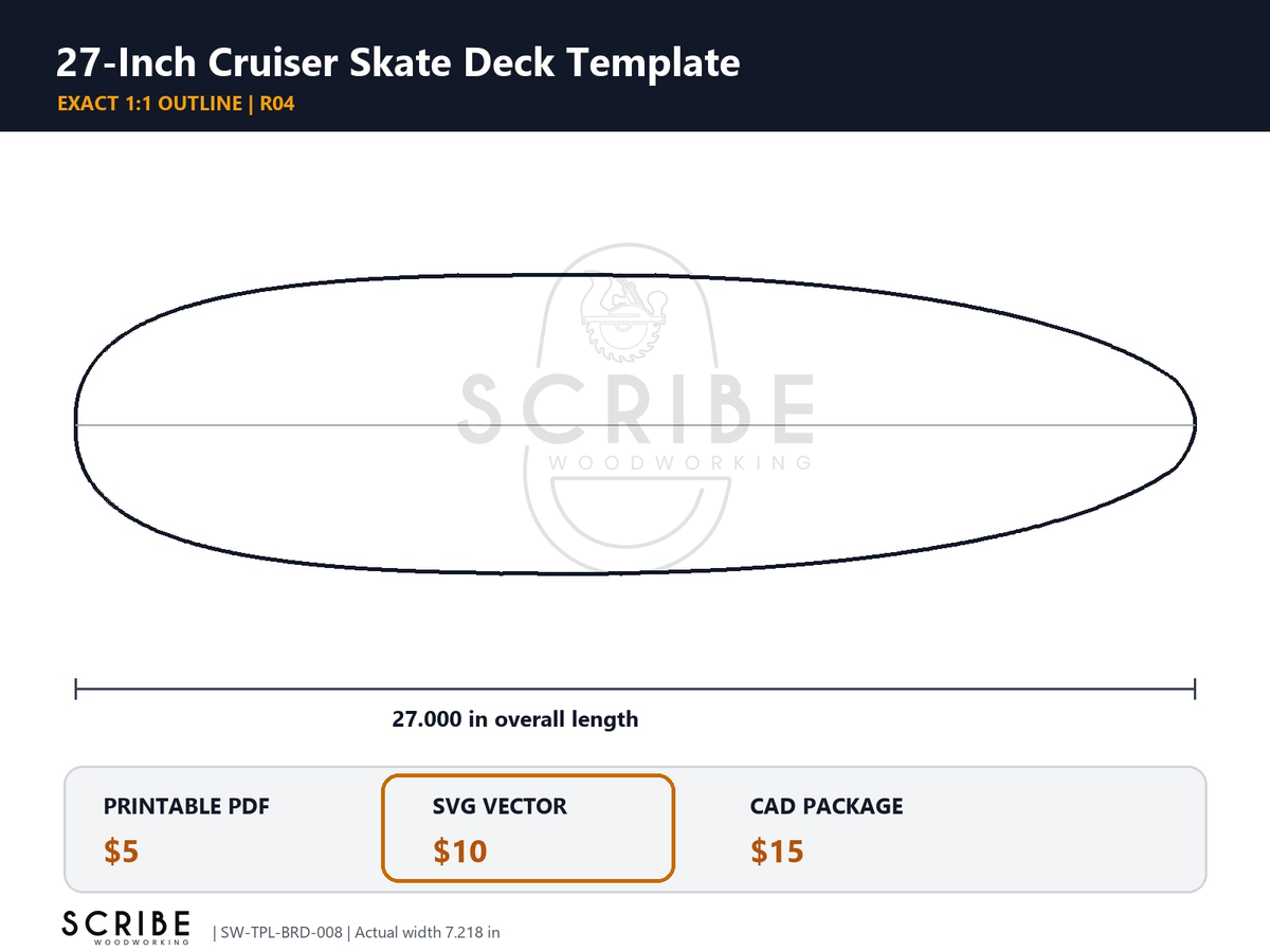 27-inch Cruiser skateboard deck template outline for SVG vector download